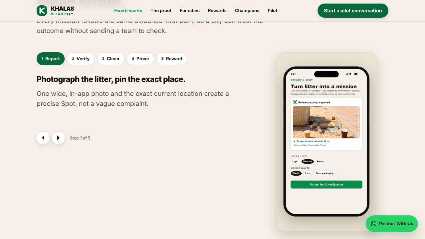 AppKhalas landing page section describing the five steps from photo to verified clean street.