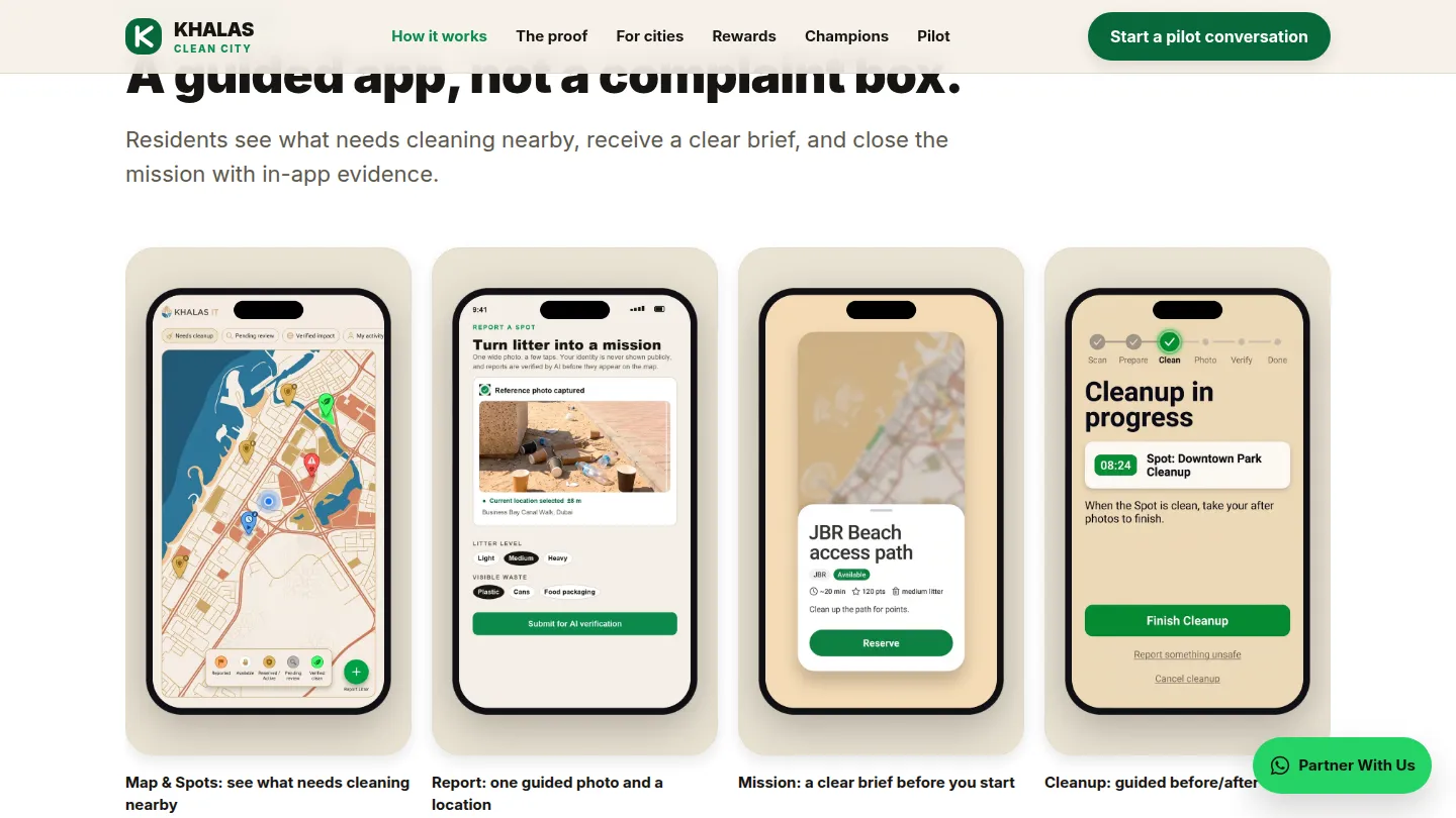 AppKhalas landing page showing four phone screens for map, report, mission and cleanup.