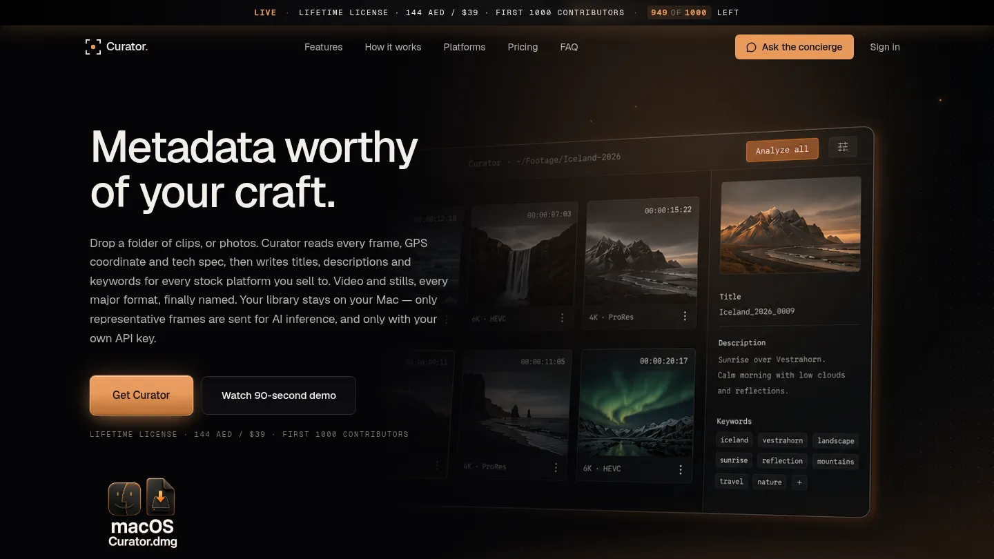 CuratorPro product website hero on desktop.