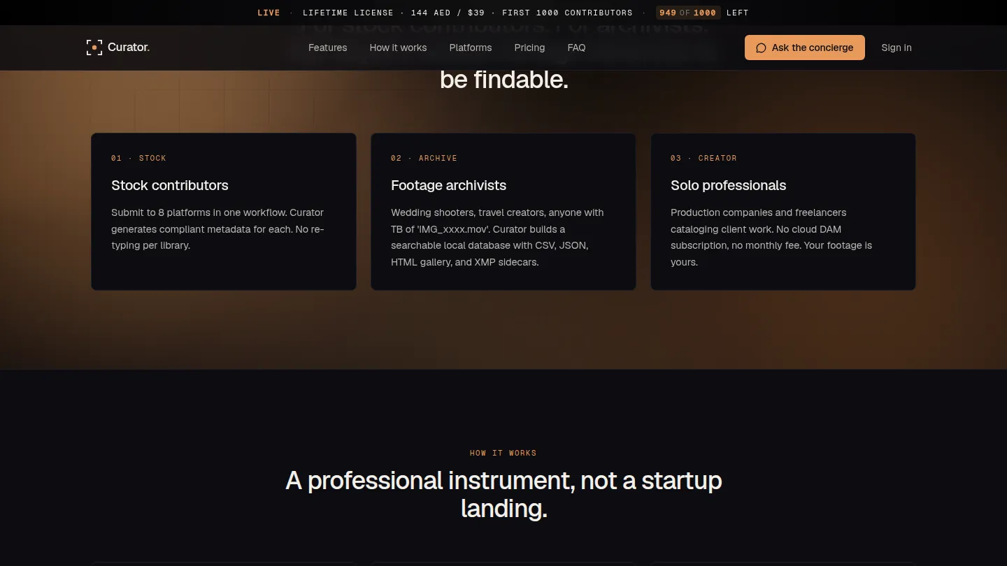 CuratorPro product website section describing who the product is for.