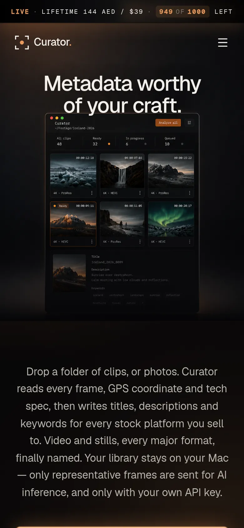 CuratorPro product website on a phone.