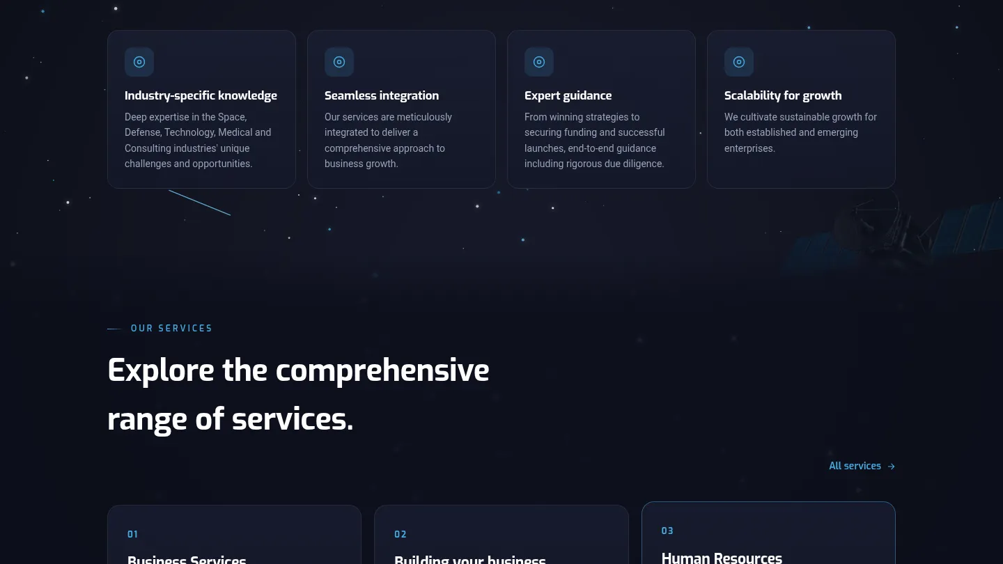 Kaltan Group services section on a space-themed background.