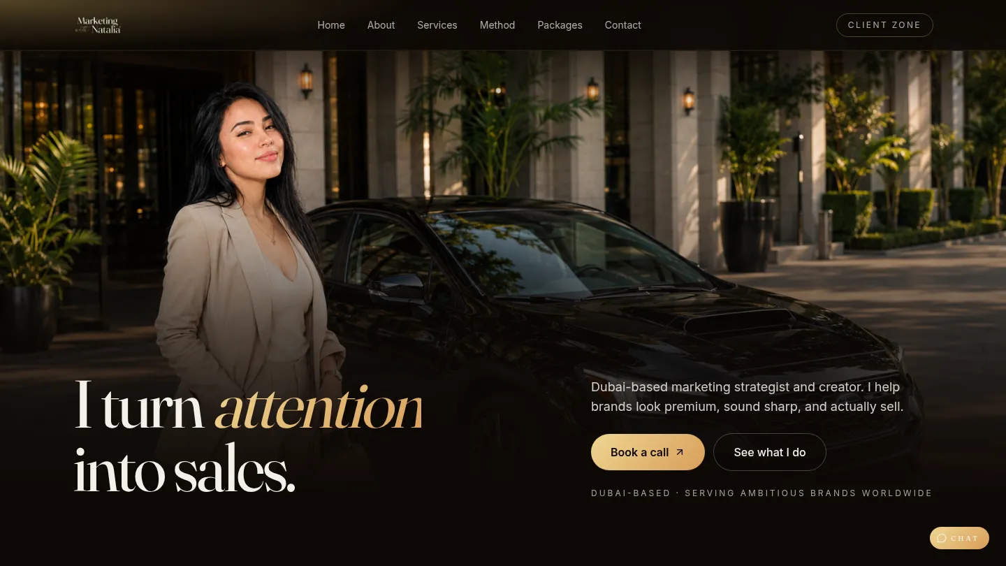 Marketing with Natalia homepage on desktop.