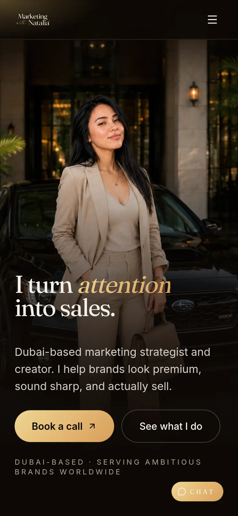 Marketing with Natalia homepage on a phone.