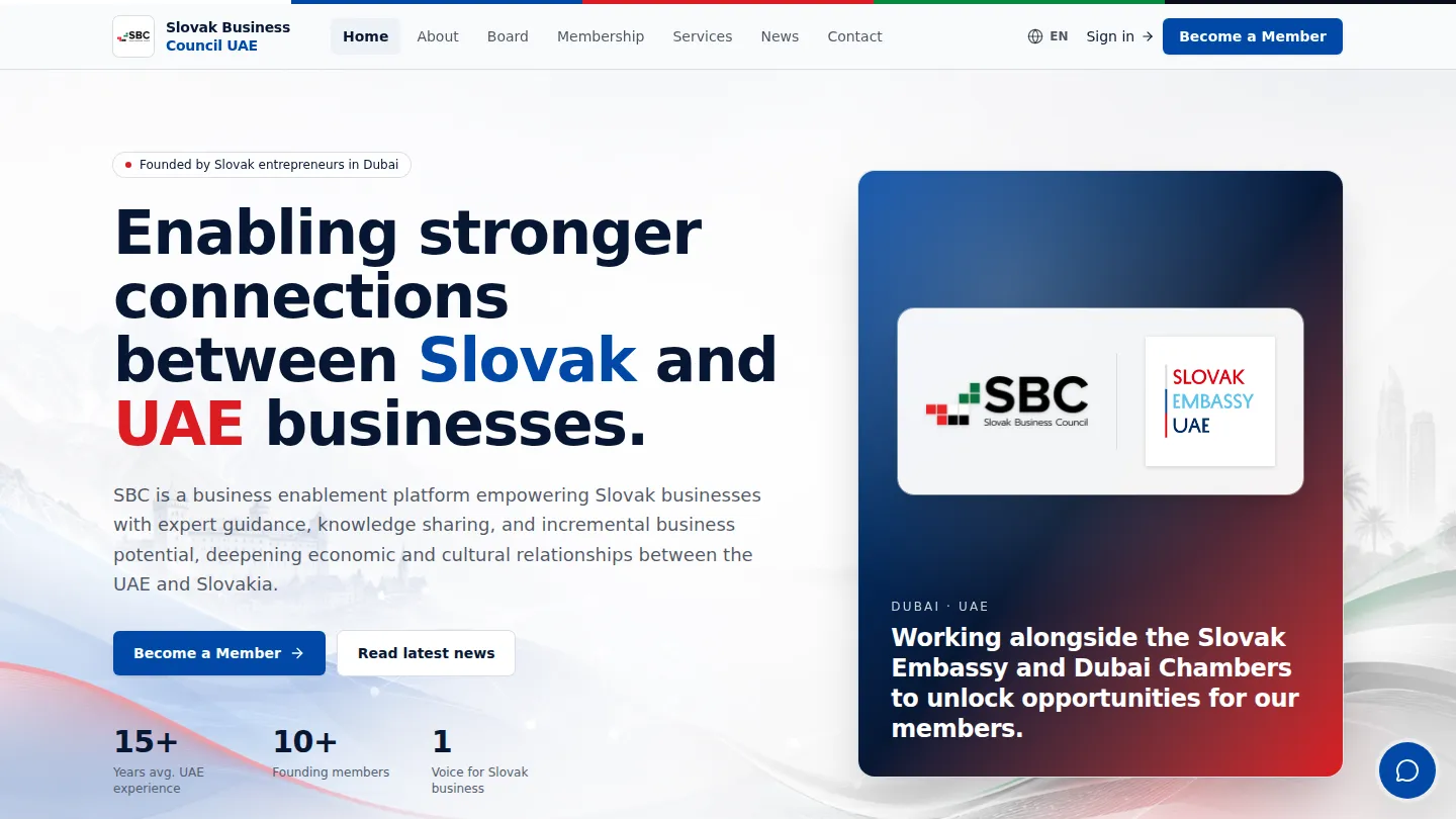Slovak Business Council homepage on desktop, with the headline and membership call to action.