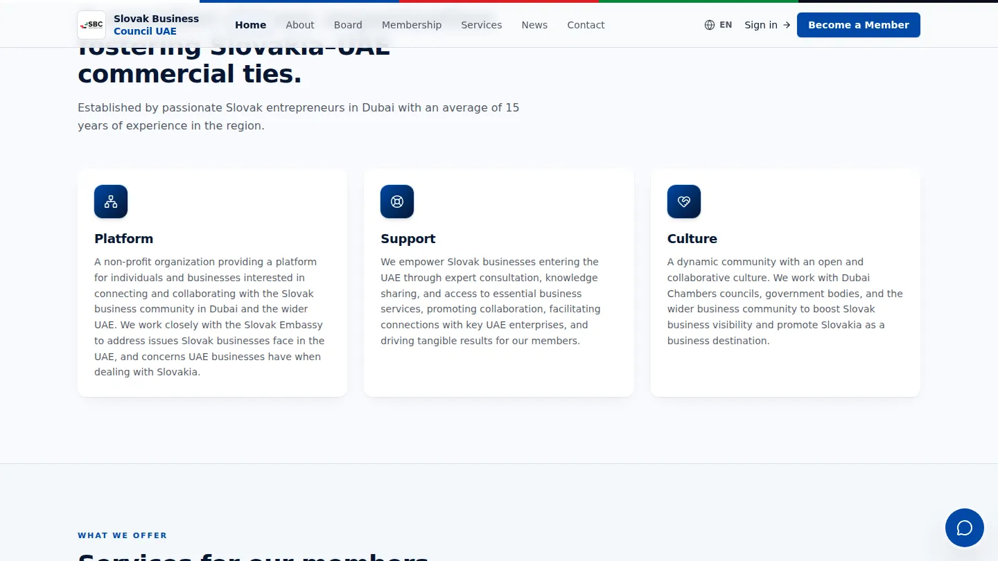 Slovak Business Council homepage further down, showing the platform, support and culture sections.